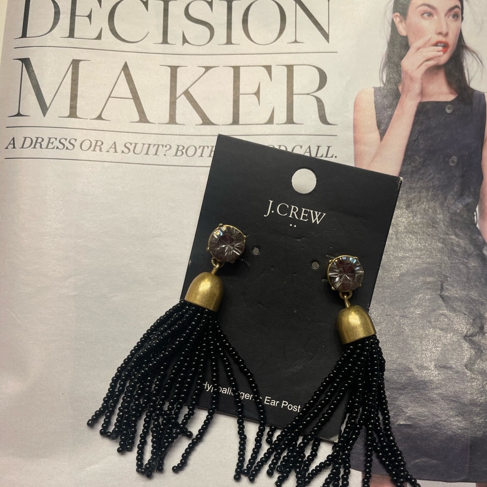 J. Crew Black and Gold Beaded Tassel Earrings